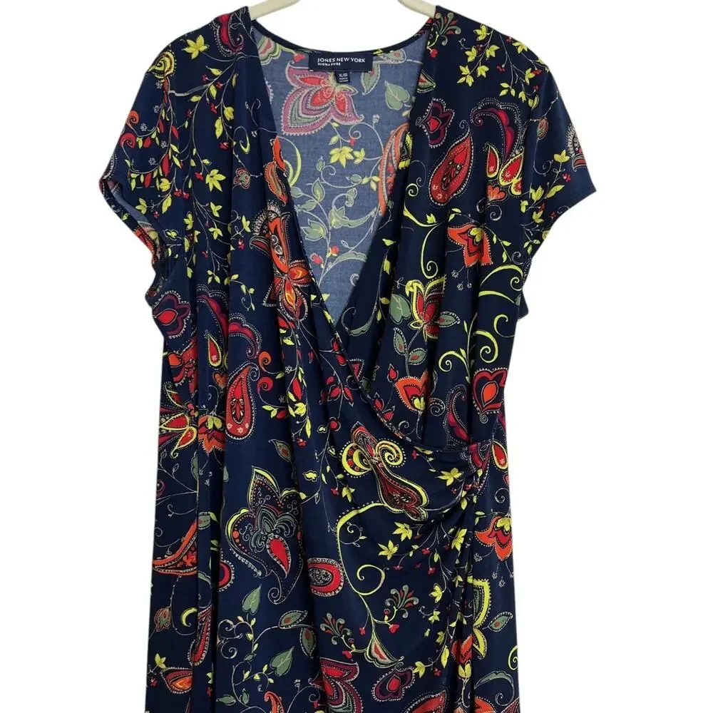 Jones New York Signature Faux Wrap Dress XL Navy Paisley Short Sleeve